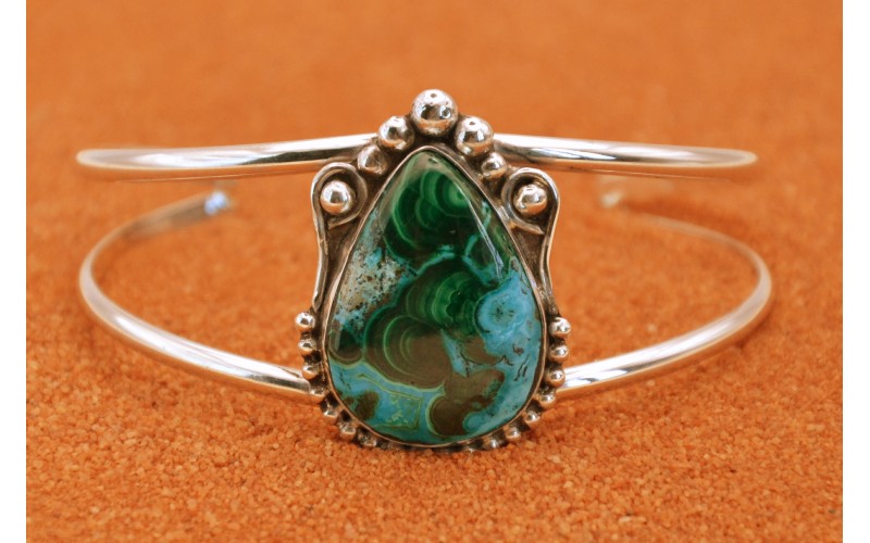 Bracelet malachite chrysocolle-argent-artisanat-bijoux amerindiens femme-ajustable-piece unique-boheme