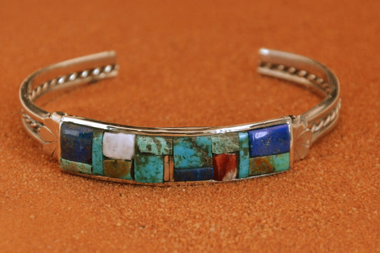 Bijoux amerindiens-bracelet manchette-multipierres-style navajo-femme et homme-argent sterling-turquoise-lapis-nacre-spiny