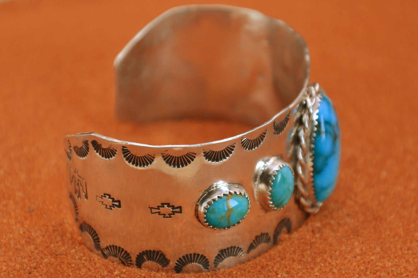 Bracelet manchette-amerindien-turquoises kingman-style navajo-pour homme-argent sterling-cadeau-unique