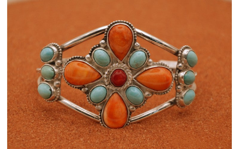 bracelet manchette-turquoise-spiny oyster-corail-argent 925/1000-idée cadeau-bijoux amerindiens-style navajo