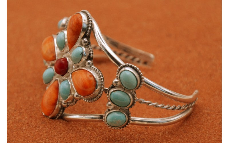 bracelet manchette-turquoise-spiny oyster-corail-argent 925/1000-idée cadeau-bijoux amerindiens-style navajo