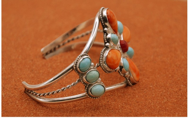 bracelet manchette-turquoise-spiny oyster-corail-argent 925/1000-idée cadeau-bijoux amerindiens-style navajo