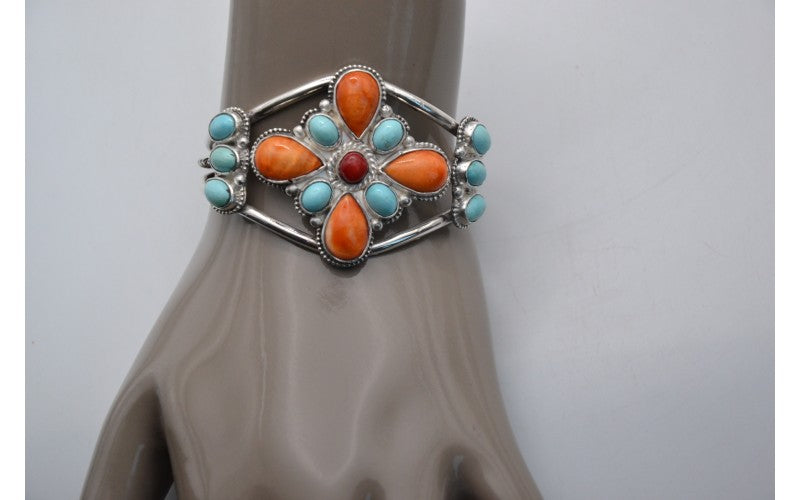 bracelet manchette-turquoise-spiny oyster-corail-argent 925/1000-idée cadeau-bijoux amerindiens-style navajo