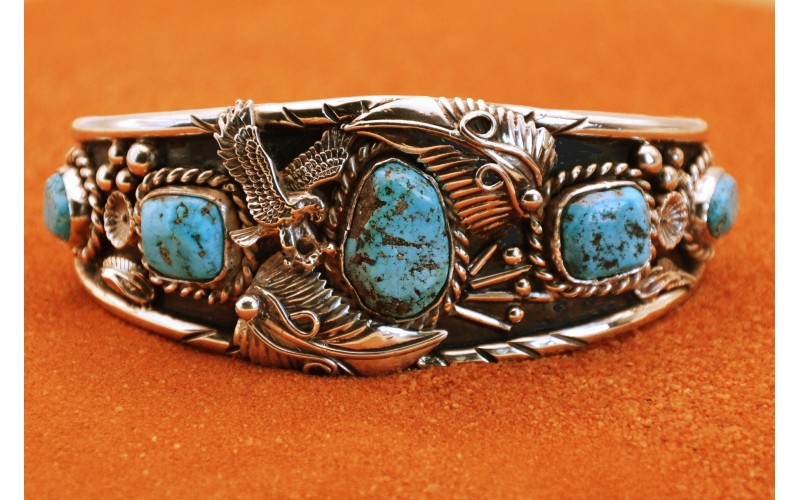 Bracelet turquoise-aigle-argent 925/1000-homme-style navajo-bijoux amerindiens-pièce unique