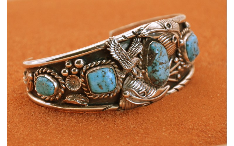 Bracelet turquoise-aigle-argent 925/1000-homme-style navajo-bijoux amerindiens-pièce unique