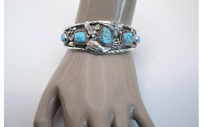 Bracelet turquoise-aigle-argent 925/1000-homme-style navajo-bijoux amerindiens-pièce unique