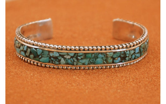 Bracelet turquoise-argent 925/1000-style navajo-inlay-idee cadeau-femme et homme-bijoux amerindiens