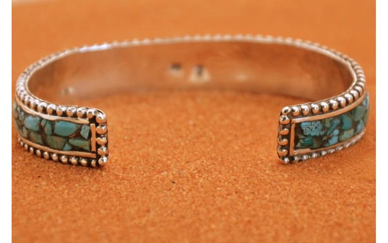 Bracelet turquoise-argent 925/1000-style navajo-inlay-idee cadeau-femme et homme-bijoux amerindiens