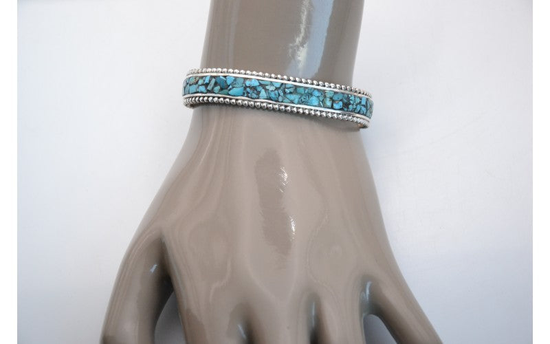 Bracelet turquoise-argent 925/1000-style navajo-inlay-idee cadeau-femme et homme-bijoux amerindiens