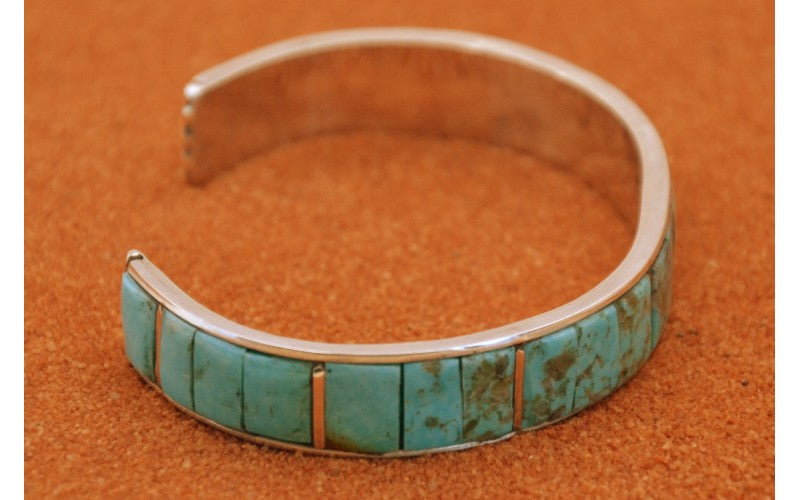 Bracelet manchette-turquoise kingman-argent 925-style navajo-cadeau-bijoux amerindiens-inlay