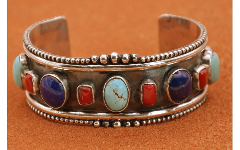 Bracelet amérindien-turquoise-lapis lazuli-corail-bijoux navajo-artisanat-idée cadeau-pièce unique-bohême