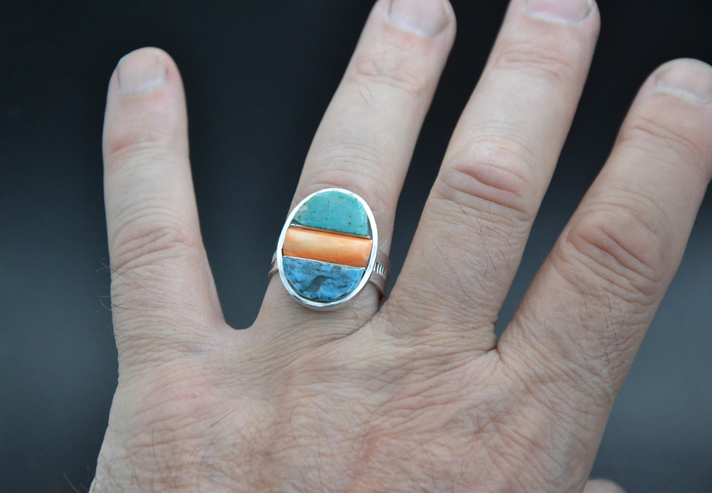 Bague homme-chevaliere-turquoise kingman-spiny oyster-style navajo-amerindien-unique-cadeau