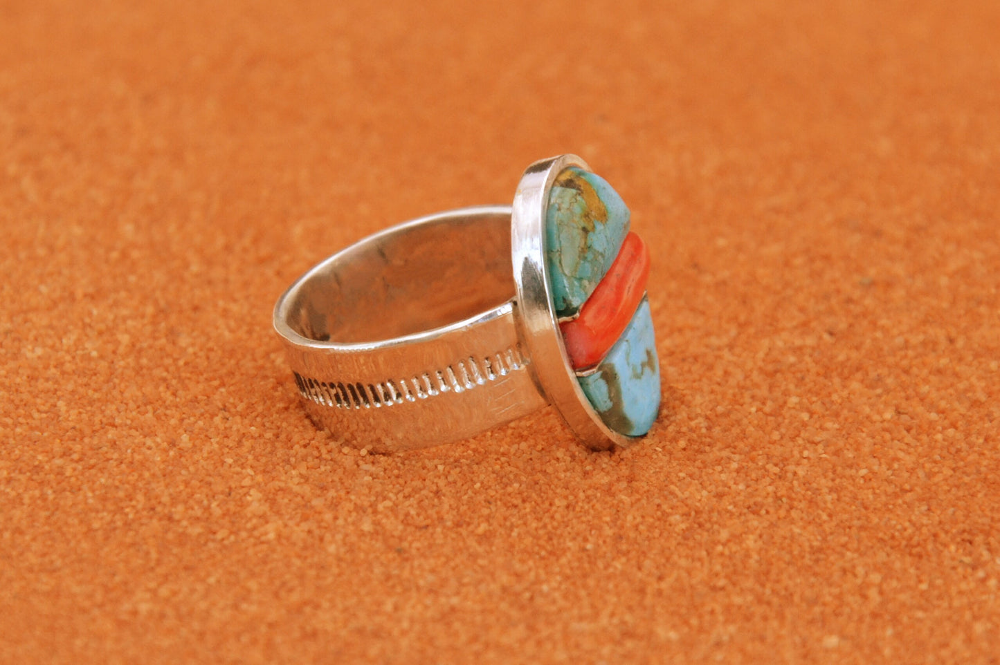 Bague turquoise-chevaliere-corail-homme-bijoux amerindiens-style navajo-cadeau-unique-argent sterling