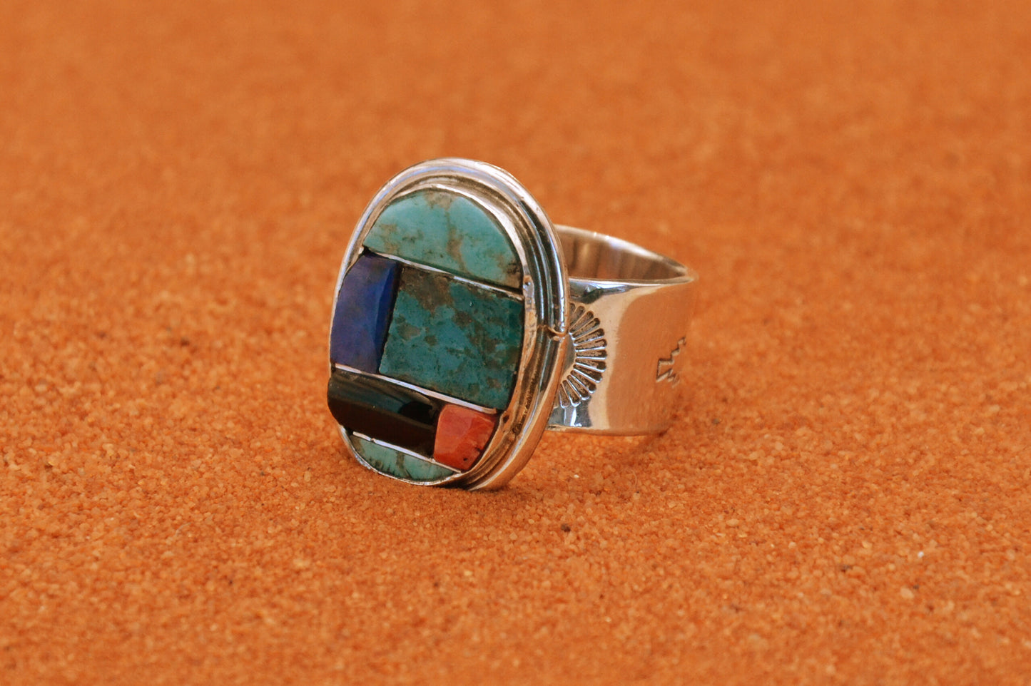 Bague homme-chevaliere-bijoux amerindiens-style navajo-multipierres-argent massif-turquoise-onyx-lapis-spiny oyster-taille 59