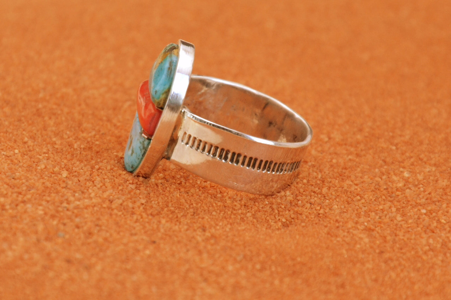 Bague turquoise-chevaliere-corail-homme-bijoux amerindiens-style navajo-cadeau-unique-argent sterling