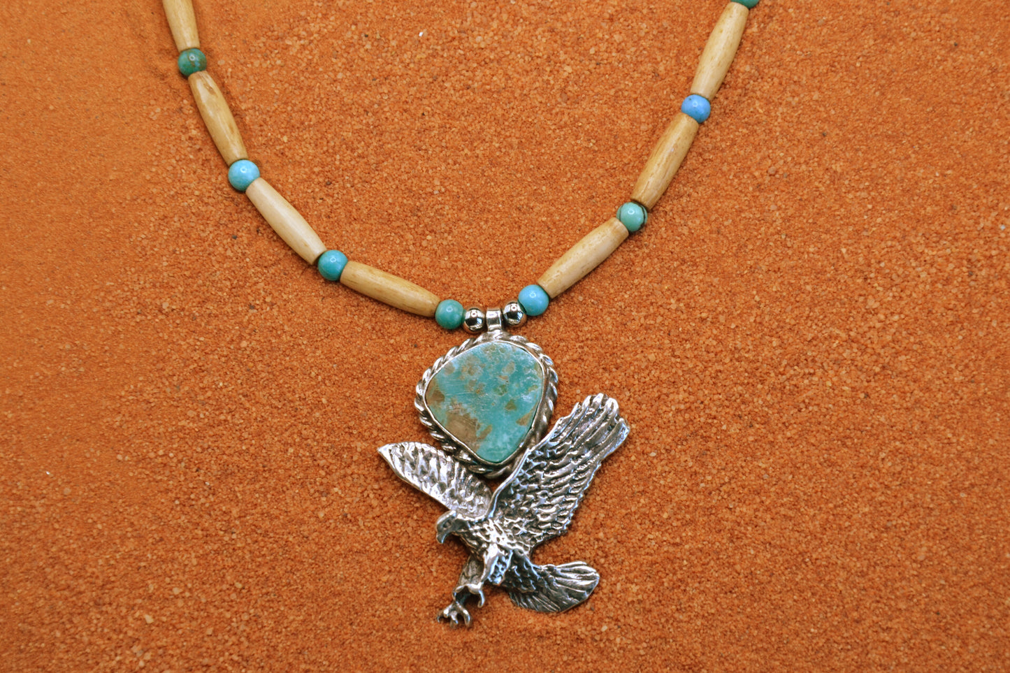 Collier aigle-turquoise royston-bijoux amerindien-style navajo-perles kingman-argent massif-cadeau-piece unique