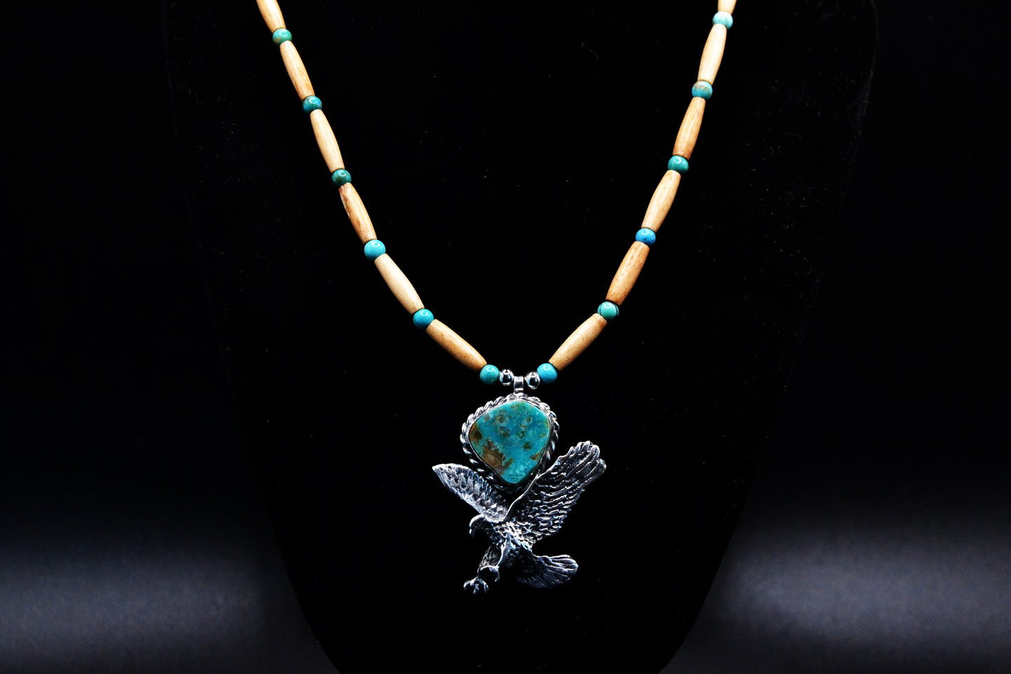 Collier aigle-turquoise royston-bijoux amerindien-style navajo-perles kingman-argent massif-cadeau-piece unique