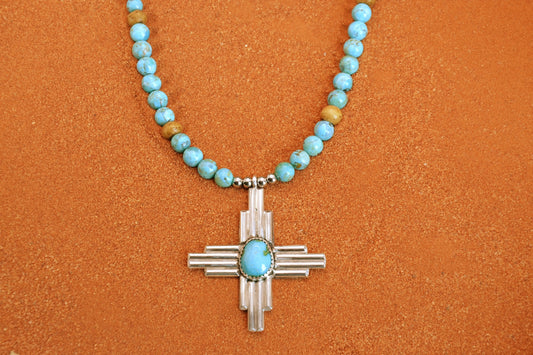 Collier turquoise-croix zia-perles-argent sterling-bijoux amerindiens-style navajo-cadeau-artisanat-kingman-sierra blue