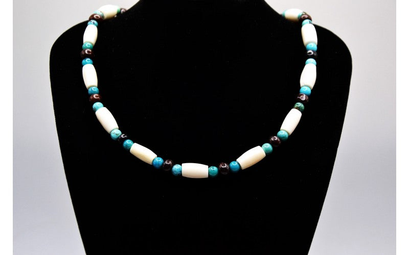 Collier os et turquoise-artisanat amerindien-bijoux style navajo-cadeau-perles-femme et homme