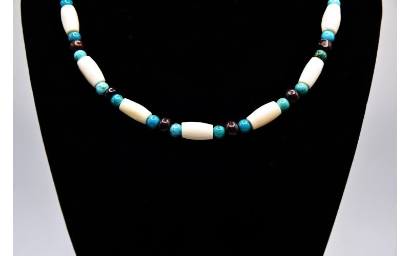 Collier os et turquoise-artisanat amerindien-bijoux style navajo-cadeau-perles-femme et homme