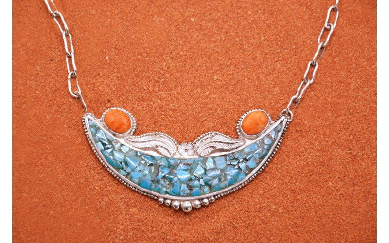 Collier turquoise-spiny oyster-argent 925/1000-plastron-idee cadeau-bijoux amerindiens femme-boheme-piece unique-style navajo