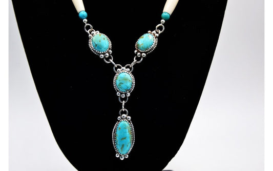 collier turquoise kingman-argent 925/1000-idee cadeau-bijoux amerindiens-style navajo-femme-boheme-artisanat