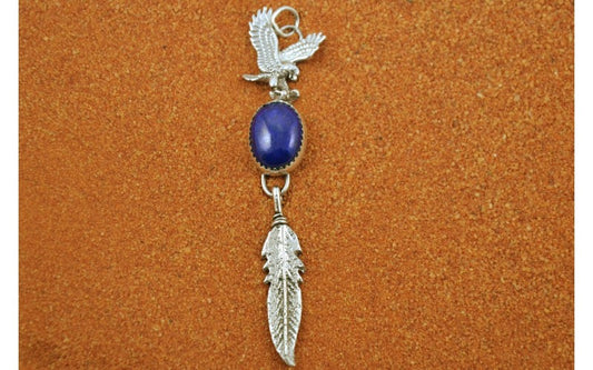 Pendentif mixte amérindien, lapis lazuli, pendentif aigle, plume, fait main, argent 925/1000, arizona, style navajo