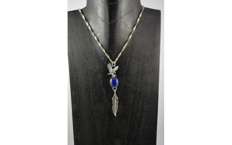 Pendentif mixte amérindien, lapis lazuli, pendentif aigle, plume, fait main, argent 925/1000, arizona, style navajo