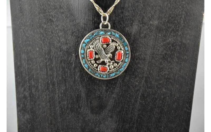 Pendentif aigle-turquoise-corail-style navajo-argent 925/1000-bijoux amerindiens-artisanat authentique