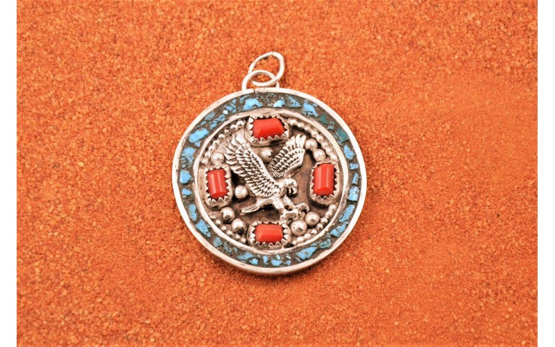 Pendentif aigle-turquoise-corail-style navajo-argent 925/1000-bijoux amerindiens-artisanat authentique