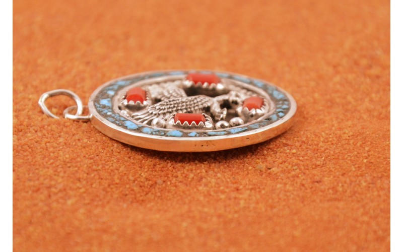 Pendentif aigle-turquoise-corail-style navajo-argent 925/1000-bijoux amerindiens-artisanat authentique