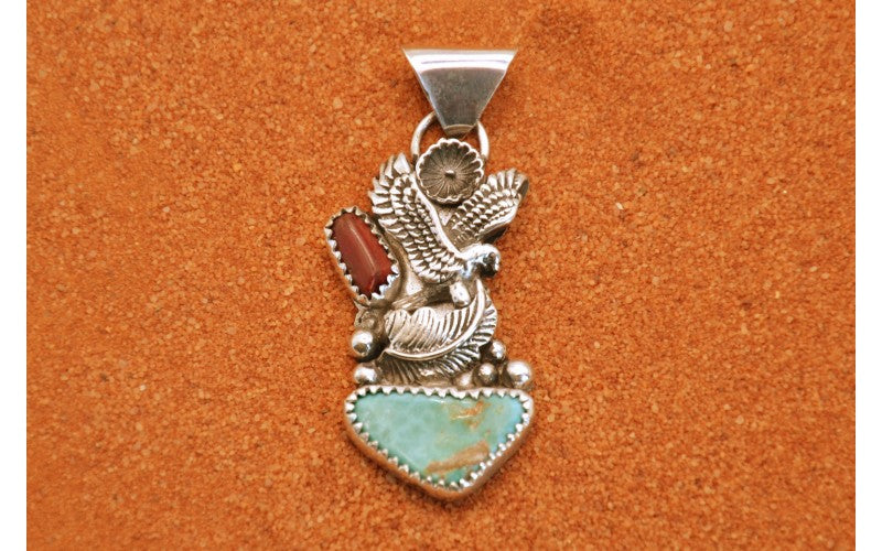 pendentif aigle-turquoise et corail-argent 925/1000-idée cadeau-bijoux amerindiens-unique-style navajo