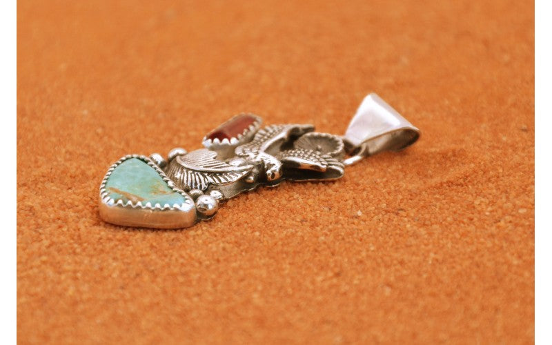 pendentif aigle-turquoise et corail-argent 925/1000-idée cadeau-bijoux amerindiens-unique-style navajo