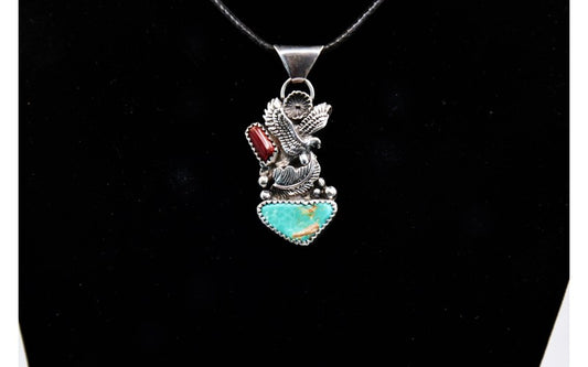 pendentif aigle-turquoise et corail-argent 925/1000-idée cadeau-bijoux amerindiens-unique-style navajo