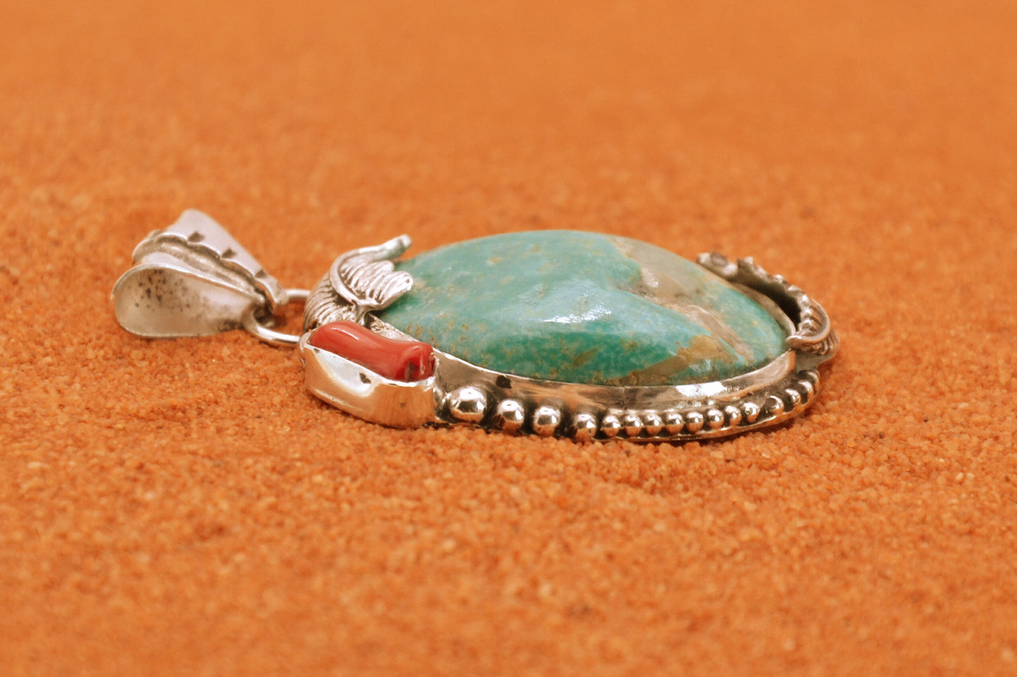 Pendentif turquoise kingman-corail-argent 925-bijoux amerindiens-navajo-cadeau-piece unique