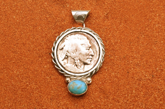 Pendentif-tête d'indien-turquoise kingman-bijoux amerindiens-argent sterling-cadeau-homme et femme-artisanat