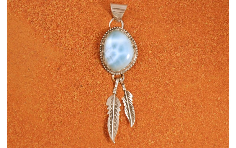 Pendentif larimar-argent 925/1000-bijoux amerindiens-plumes-idée cadeau-bohème-pièce unique-artisanat