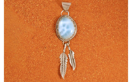 Pendentif larimar-argent 925/1000-bijoux amerindiens-plumes-idée cadeau-bohème-pièce unique-artisanat