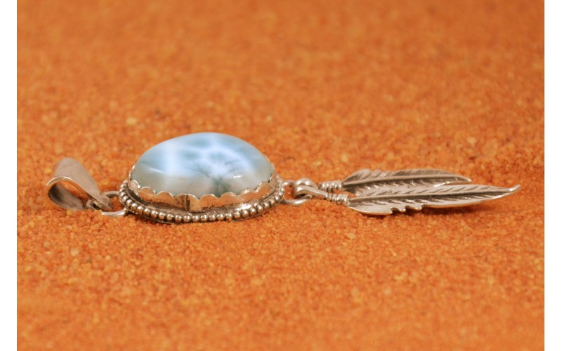 Pendentif larimar-argent 925/1000-bijoux amerindiens-plumes-idée cadeau-bohème-pièce unique-artisanat