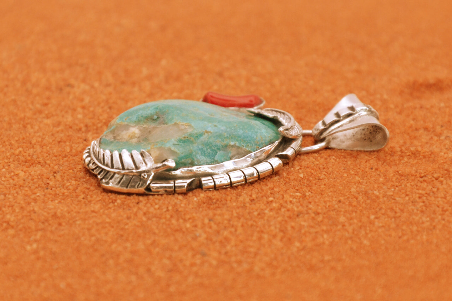 Pendentif turquoise kingman-corail-argent 925-bijoux amerindiens-navajo-cadeau-piece unique