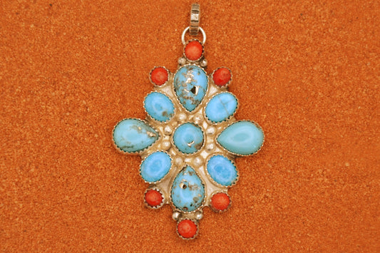 Pendentif femme-amerindien-style navajo-fleur-turquoise-corail-cadeau-artisanat-argent sterling