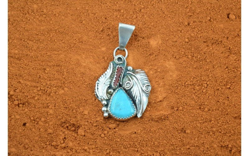 pendentif amérindien mixte, turquoise et corail, argent 925/1000, bijoux amérindien, fait main, cadeau, style navajo