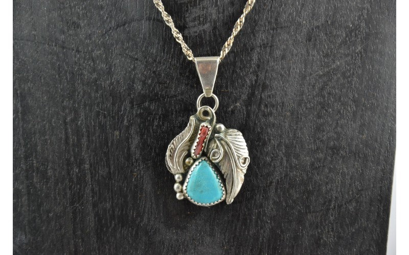 pendentif amérindien mixte, turquoise et corail, argent 925/1000, bijoux amérindien, fait main, cadeau, style navajo