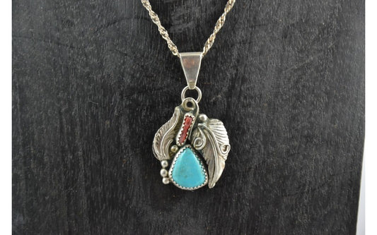 pendentif amérindien mixte, turquoise et corail, argent 925/1000, bijoux amérindien, fait main, cadeau, style navajo