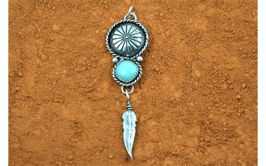 Pendentif mixte turquoise, concho et plume, bijou fait main, pendentif amérindien, argent 925/1000, garanti à vie, style navajo