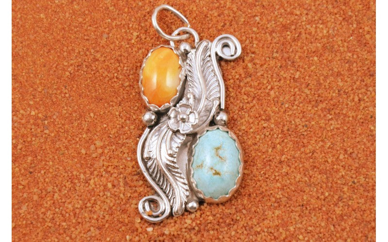 pendentif amerindien-turquoise royston-spiny oyster-argent 925-fait main-pièce unique-idée cadeau-style navajo