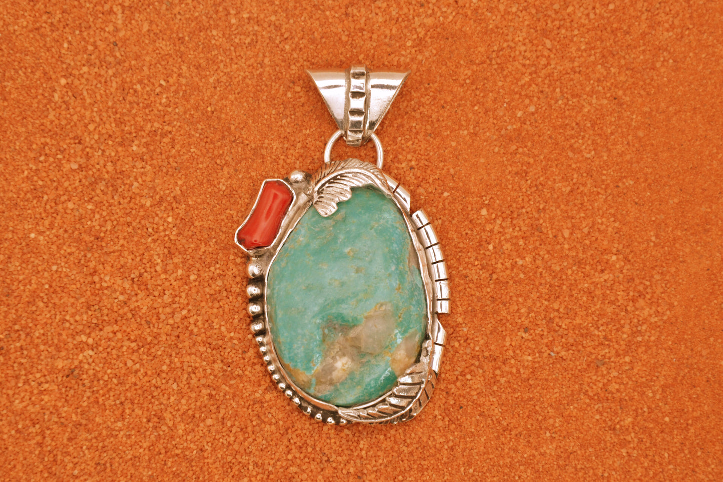 Pendentif turquoise kingman-corail-argent 925-bijoux amerindiens-navajo-cadeau-piece unique