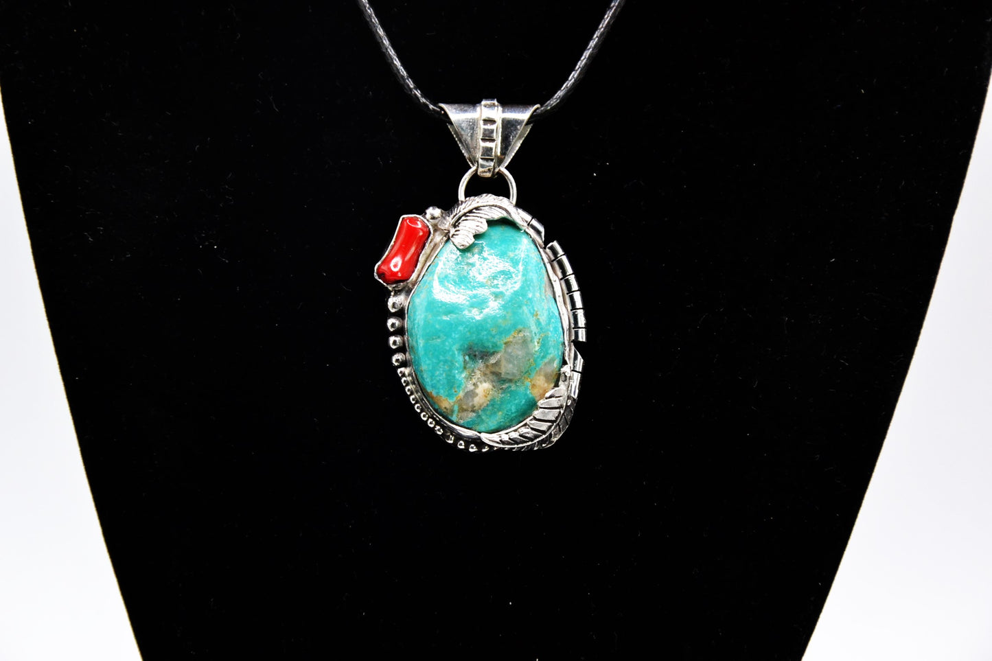 Pendentif turquoise kingman-corail-argent 925-bijoux amerindiens-navajo-cadeau-piece unique