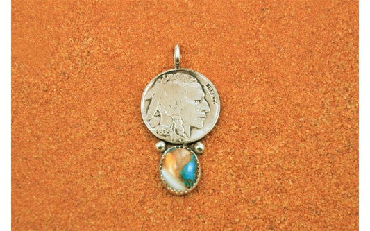 Pendentif bison-tête d'indien-turquoise oyster copper-argent-style navajo-femme et homme