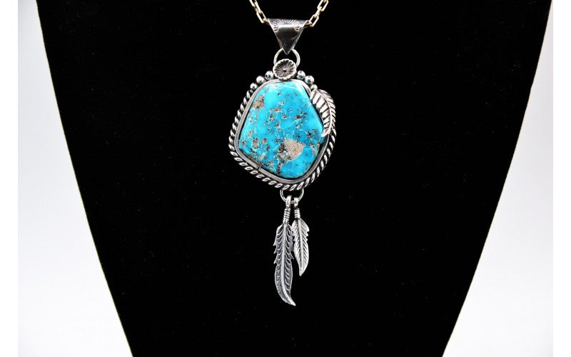 Pendentif turquoise-pilot mountain-argent 925/1000-piece unique-plumes-bijoux amerindiens-boheme-idee cadeau